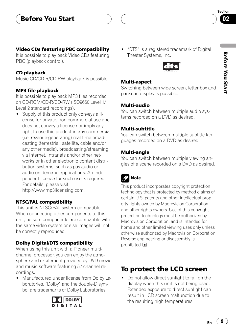 To protect the lcd screen 9, Before you start | Pioneer AVH-P6500DVD User Manual | Page 9 / 108