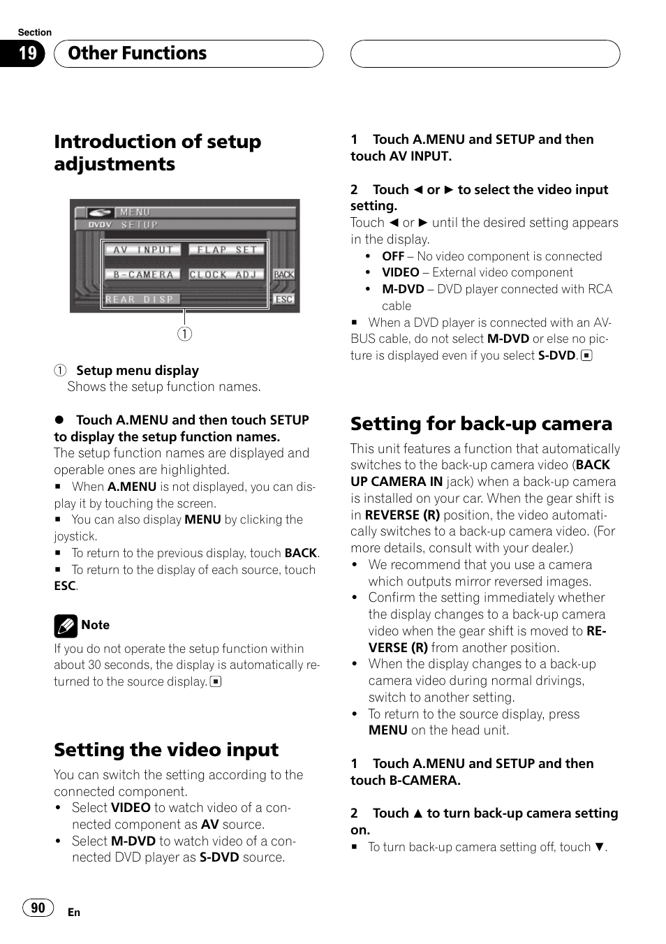 Introduction of setup adjustments, Setting the video input, Setting for back-up camera | Other functions | Pioneer AVH-P6500DVD User Manual | Page 90 / 108