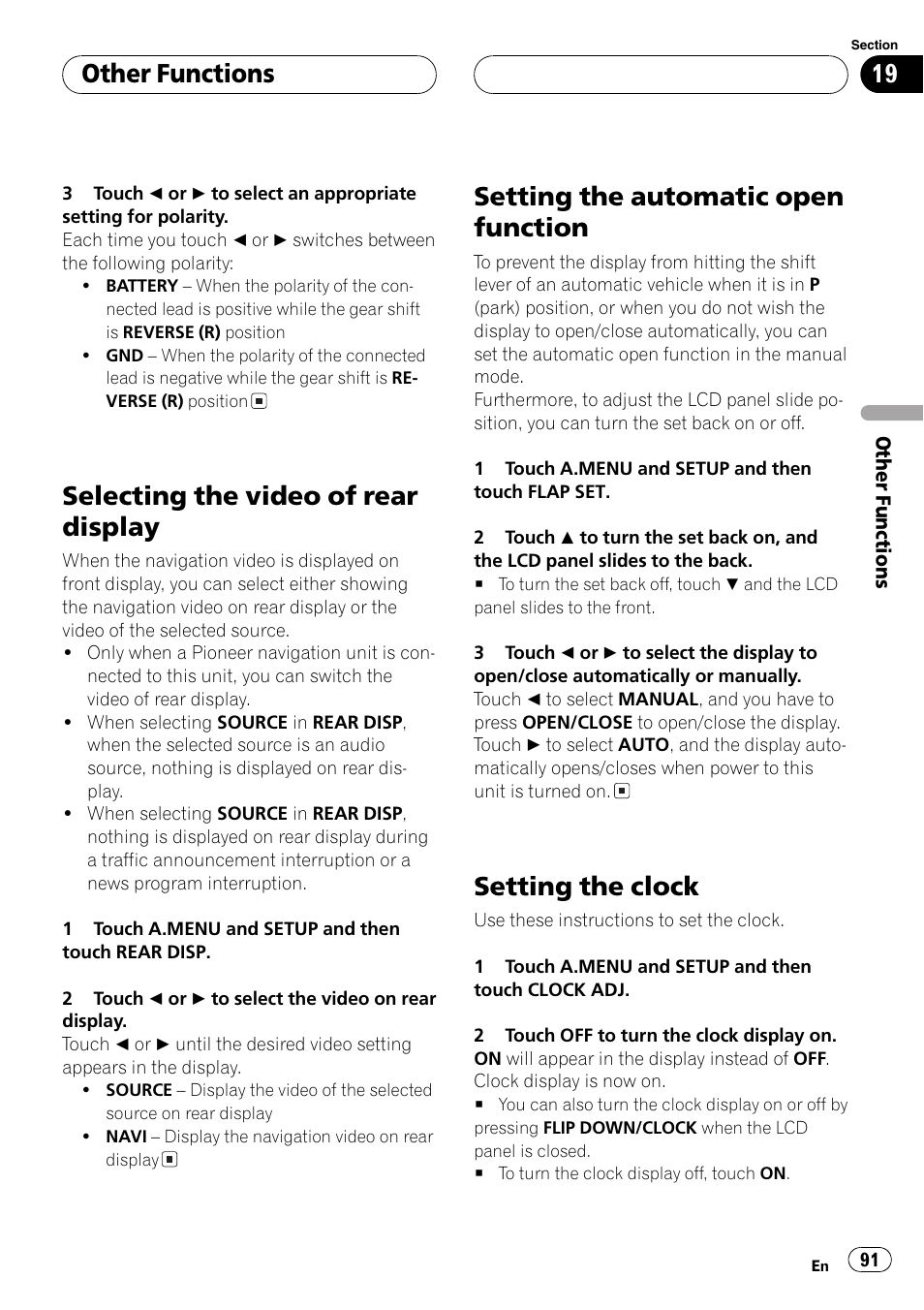 Selecting the video of rear display, Setting the automatic open function, Setting the clock | Other functions | Pioneer AVH-P6500DVD User Manual | Page 91 / 108