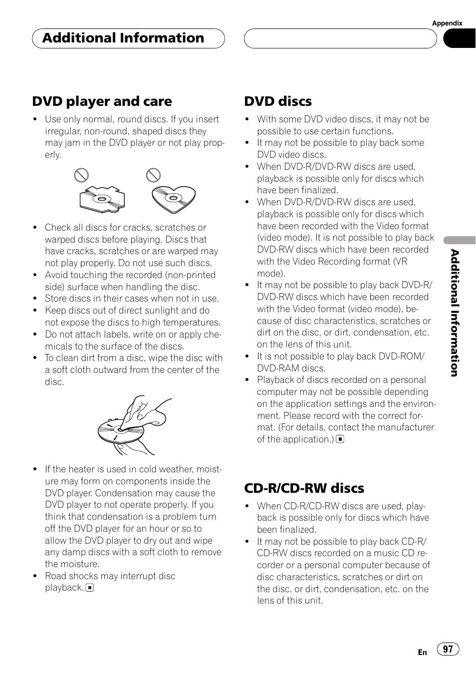 Dvd player and care, Dvd discs, Cd-r/cd-rw discs | Additionalinformation | Pioneer AVH-P6500DVD User Manual | Page 97 / 108