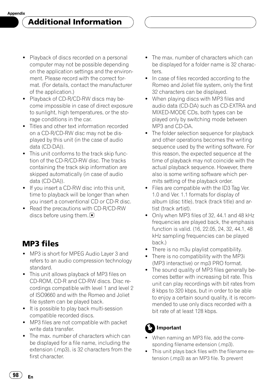 Mp3 files 98, Mp3 files, Additionalinformation | Pioneer AVH-P6500DVD User Manual | Page 98 / 108