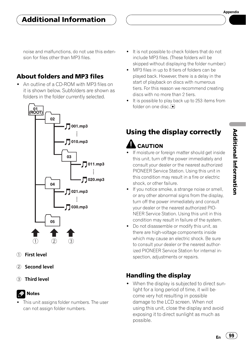 Using the display correctly 99, Using the display correctly, Additionalinformation | About folders and mp3 files, Handling the display | Pioneer AVH-P6500DVD User Manual | Page 99 / 108