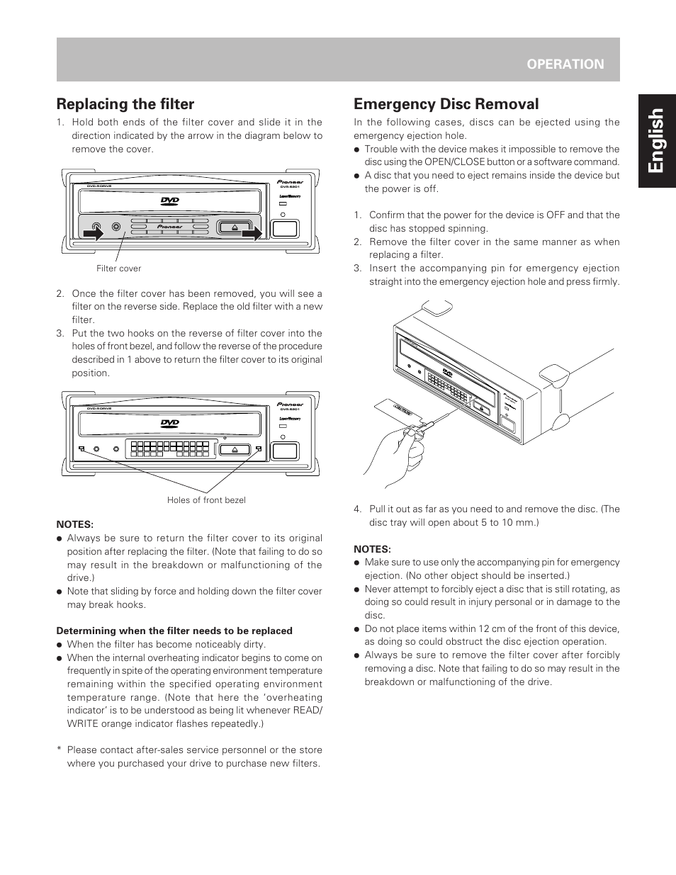 English, Emergency disc removal, Replacing the filter | Operation | Pioneer DVD-R Drive DVR-S201 User Manual | Page 11 / 14