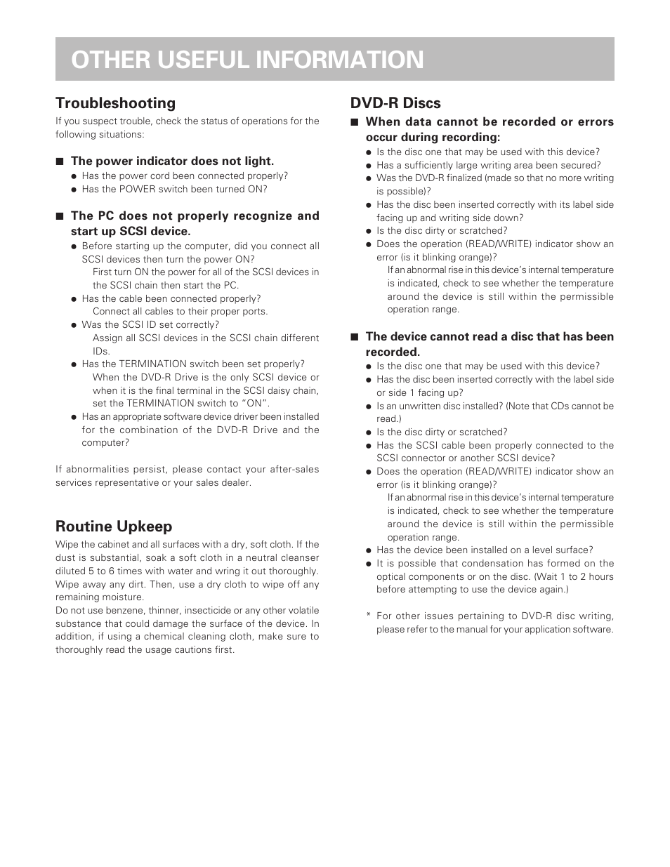 Other useful information, Troubleshooting, Routine upkeep | Dvd-r discs | Pioneer DVD-R Drive DVR-S201 User Manual | Page 12 / 14