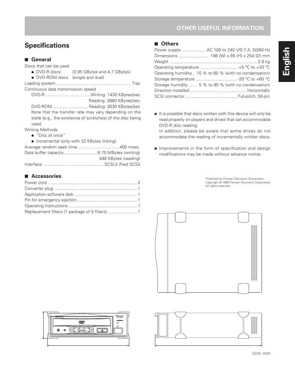 English, Specifications, Other useful information | 7 general, 7 accessories, 7 others | Pioneer DVD-R Drive DVR-S201 User Manual | Page 13 / 14
