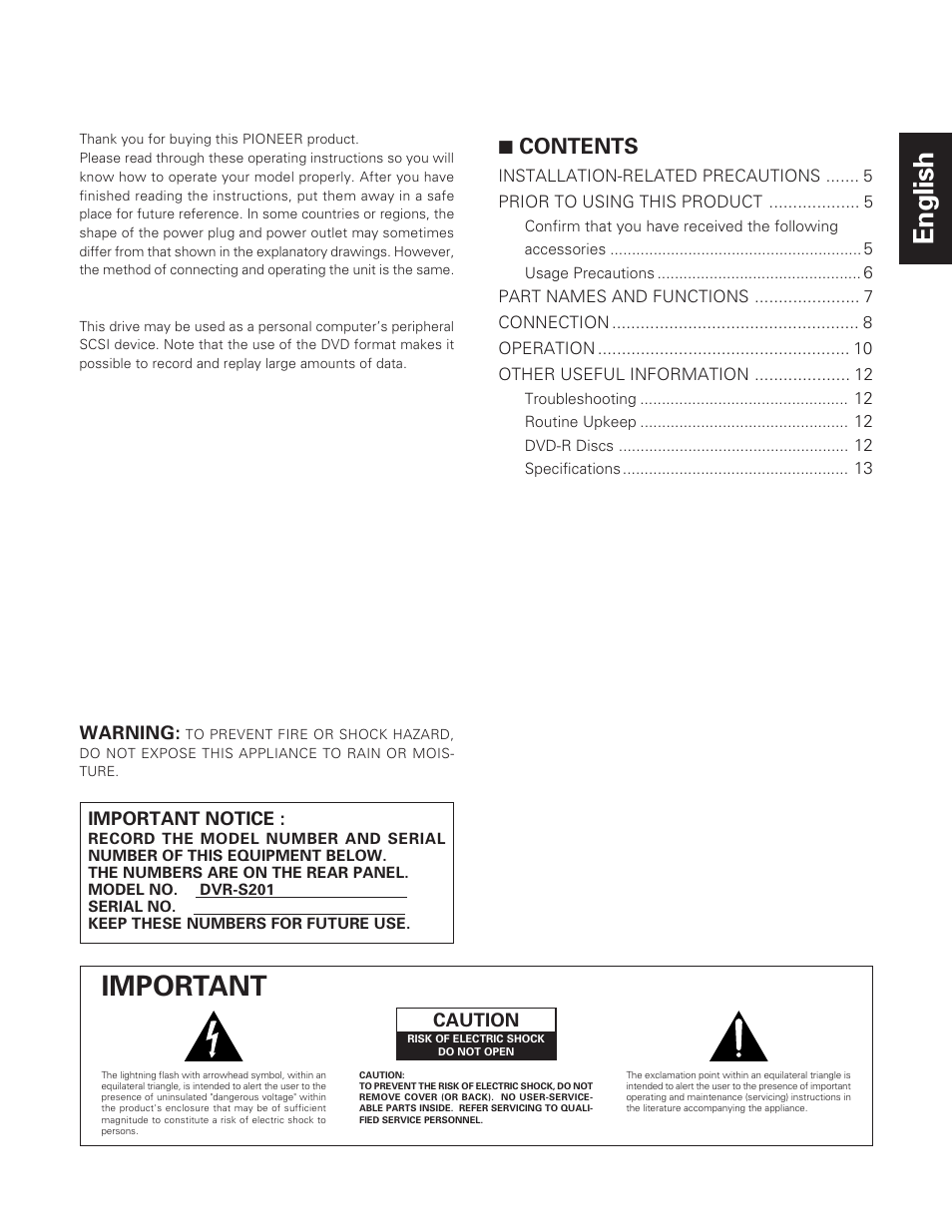 English, Important, 7 contents | Pioneer DVD-R Drive DVR-S201 User Manual | Page 3 / 14