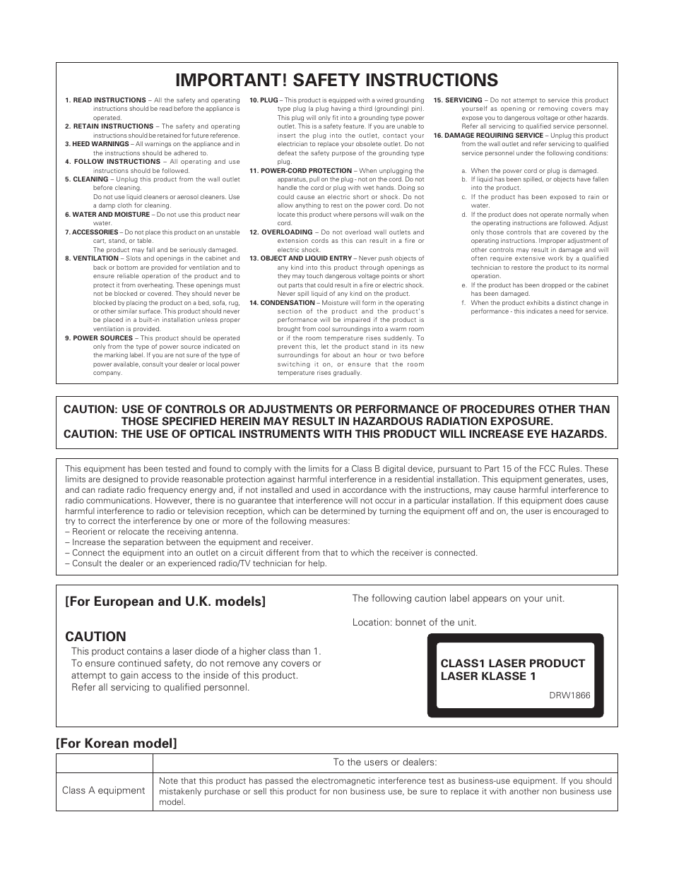 Important! safety instructions, For european and u.k. models] caution, For korean model | Class1 laser product laser klasse 1 | Pioneer DVD-R Drive DVR-S201 User Manual | Page 4 / 14