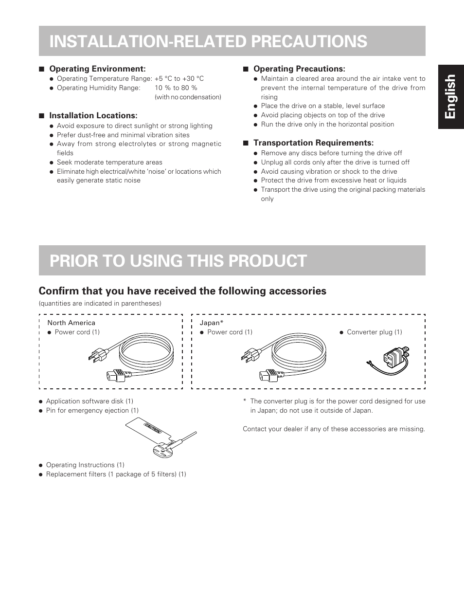 Installation-related precautions, Prior to using this product, English | Pioneer DVD-R Drive DVR-S201 User Manual | Page 5 / 14