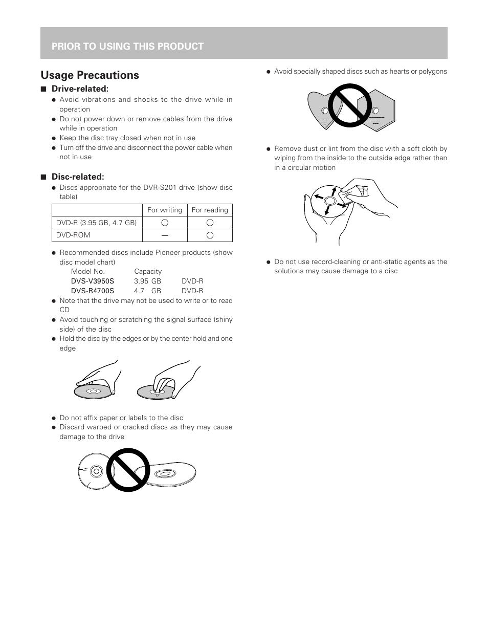 Usage precautions, Prior to using this product | Pioneer DVD-R Drive DVR-S201 User Manual | Page 6 / 14
