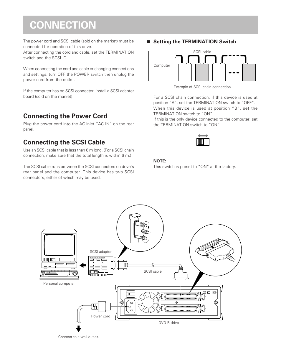 Connection, Connecting the power cord, Connecting the scsi cable | Pioneer DVD-R Drive DVR-S201 User Manual | Page 8 / 14