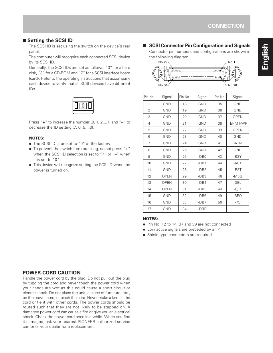 English, Connection, 7 setting the scsi id | 7 scsi connector pin configuration and signals, Power-cord caution | Pioneer DVD-R Drive DVR-S201 User Manual | Page 9 / 14