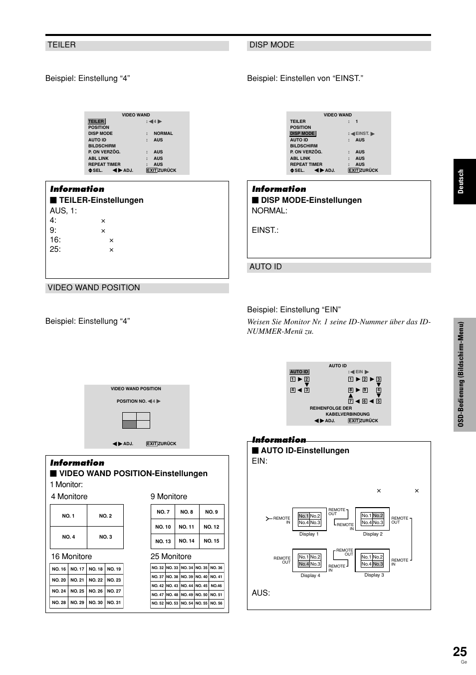 Aus: die auto id-funktion ist ausgeschaltet, Deutsch, Osd-bedienung (bildschirm-menu) | Pioneer PLASMA DISPLAY User Manual | Page 104 / 266