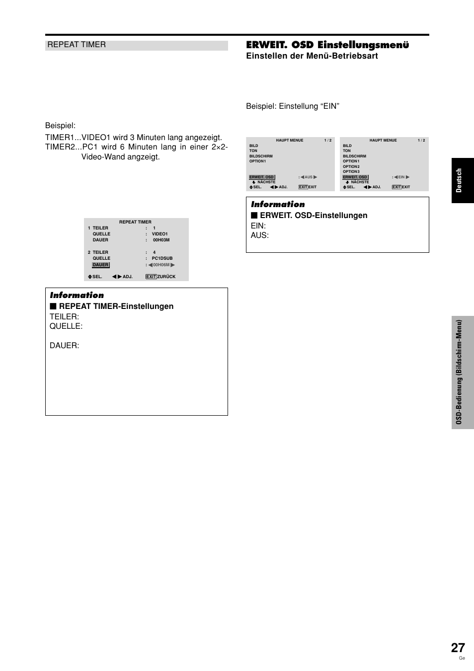 Erweit. osd einstellungsmenü, Deutsch, Osd-bedienung (bildschirm-menu) | Pioneer PLASMA DISPLAY User Manual | Page 106 / 266