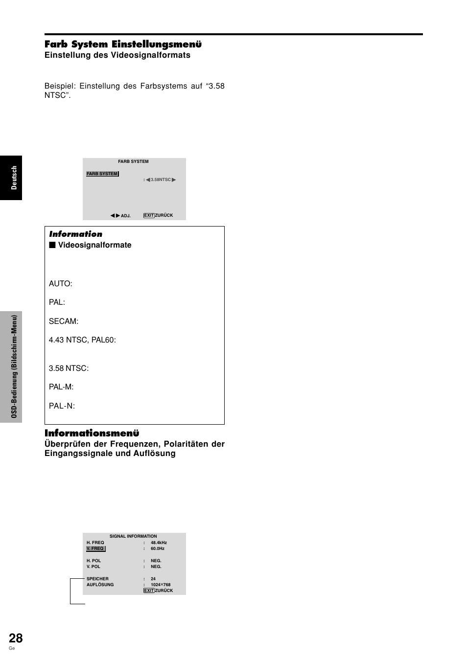 Farb system einstellungsmenü, Informationsmenü | Pioneer PLASMA DISPLAY User Manual | Page 107 / 266