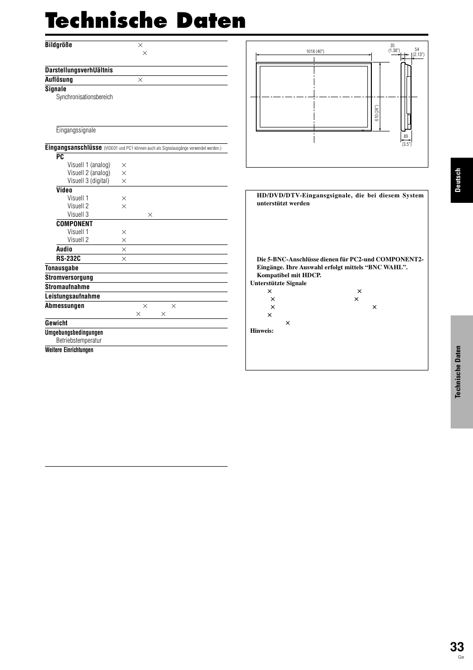 Technische daten | Pioneer PLASMA DISPLAY User Manual | Page 112 / 266