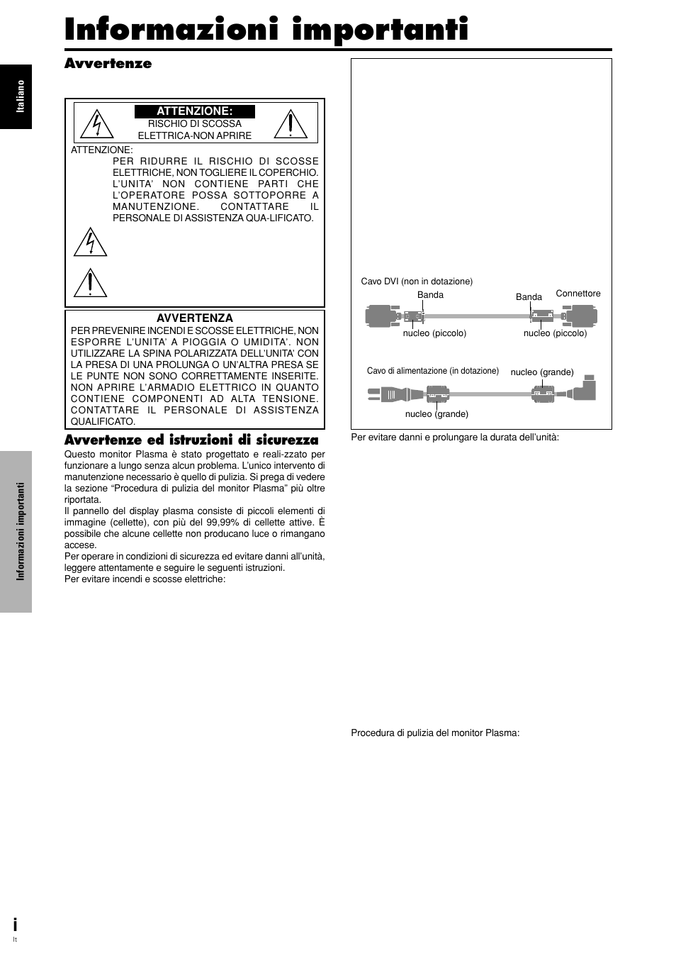 Informazioni importanti, Avvertenze, Avvertenze ed istruzioni di sicurezza | Pioneer PLASMA DISPLAY User Manual | Page 115 / 266