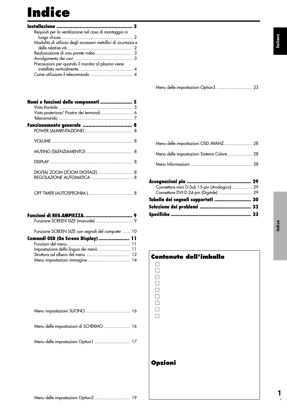 Indice, Contenuto dell'imballo, Opzioni | Pioneer PLASMA DISPLAY User Manual | Page 118 / 266