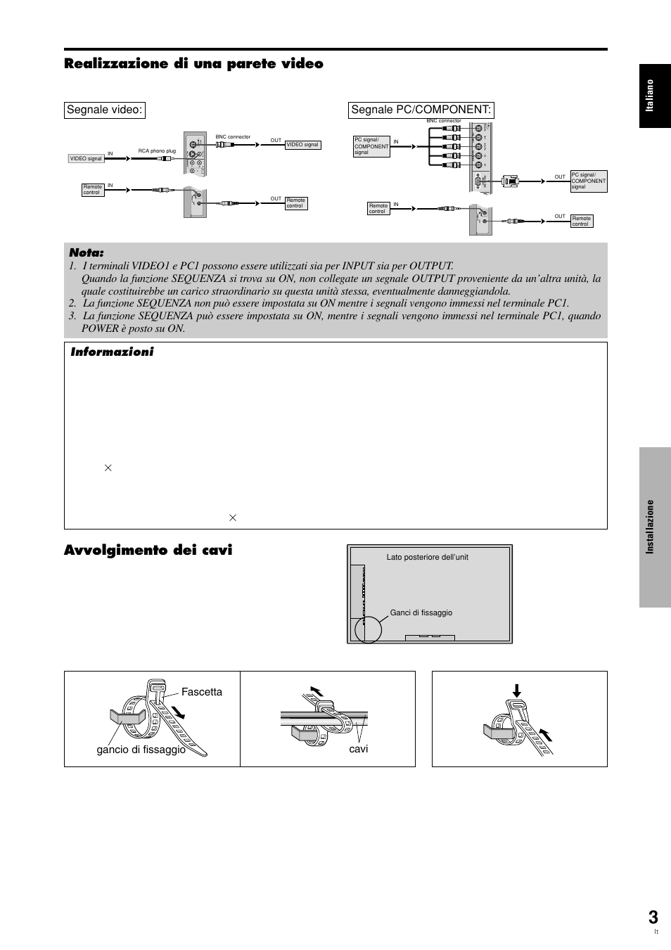 Realizzazione di una parete video, Avvolgimento dei cavi, Per fissare per liberare 1. 2 | Pioneer PLASMA DISPLAY User Manual | Page 120 / 266