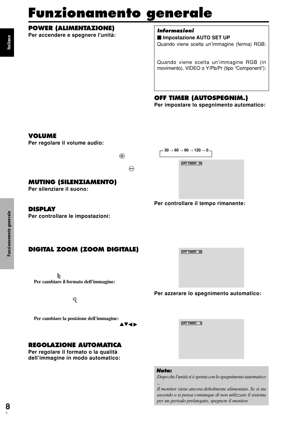 Funzionamento generale, Power (alimentazione), Volume | Muting (silenziamento), Display, Digital zoom (zoom digitale), Regolazione automatica, Off timer (autospegnim.) | Pioneer PLASMA DISPLAY User Manual | Page 125 / 266