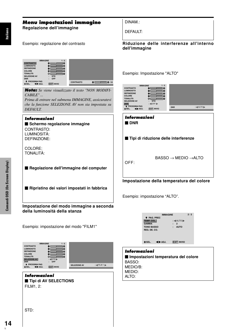 Menu impostazioni immagine, Italiano comandi osd (on screen display) | Pioneer PLASMA DISPLAY User Manual | Page 131 / 266