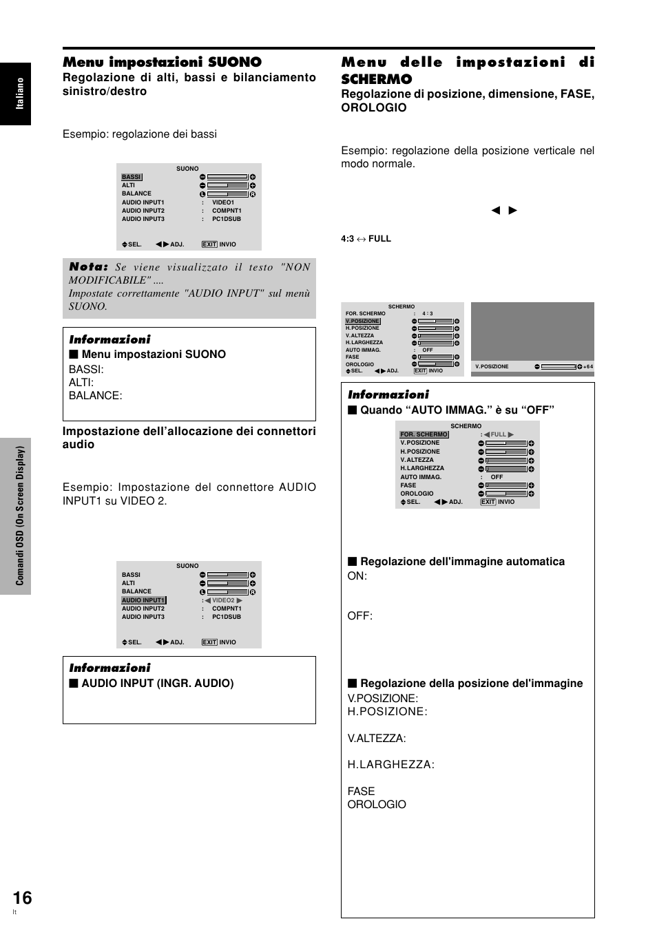 Menu impostazioni suono, Menu delle impostazioni di schermo, Informazioni Ⅵ quando “auto immag.” è su “off | Pioneer PLASMA DISPLAY User Manual | Page 133 / 266