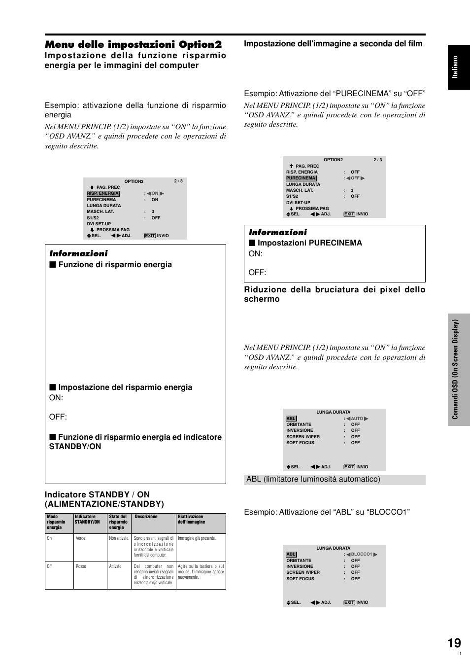 Menu delle impostazioni option2, Italiano, Comandi osd (on screen display) | Pioneer PLASMA DISPLAY User Manual | Page 136 / 266