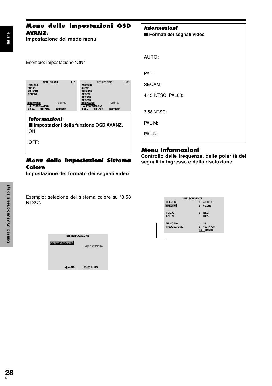 Menu delle impostazioni sistema colore, Menu informazioni, Menu delle impostazioni osd avanz | Italiano comandi osd (on screen display) | Pioneer PLASMA DISPLAY User Manual | Page 145 / 266