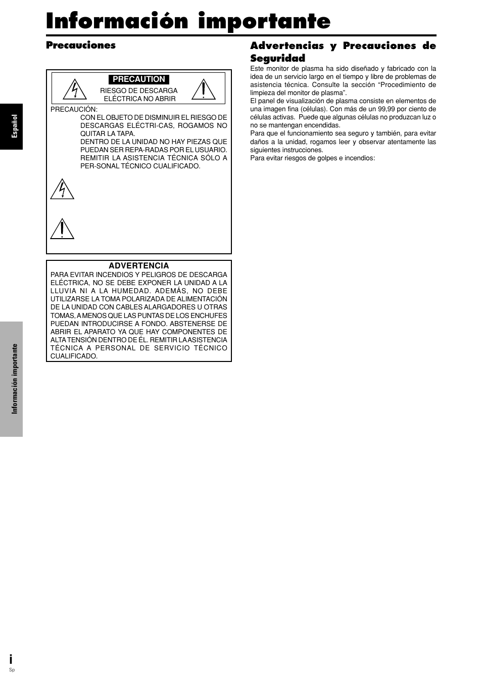 Información importante, Precauciones, Advertencias y precauciones de seguridad | Pioneer PLASMA DISPLAY User Manual | Page 153 / 266