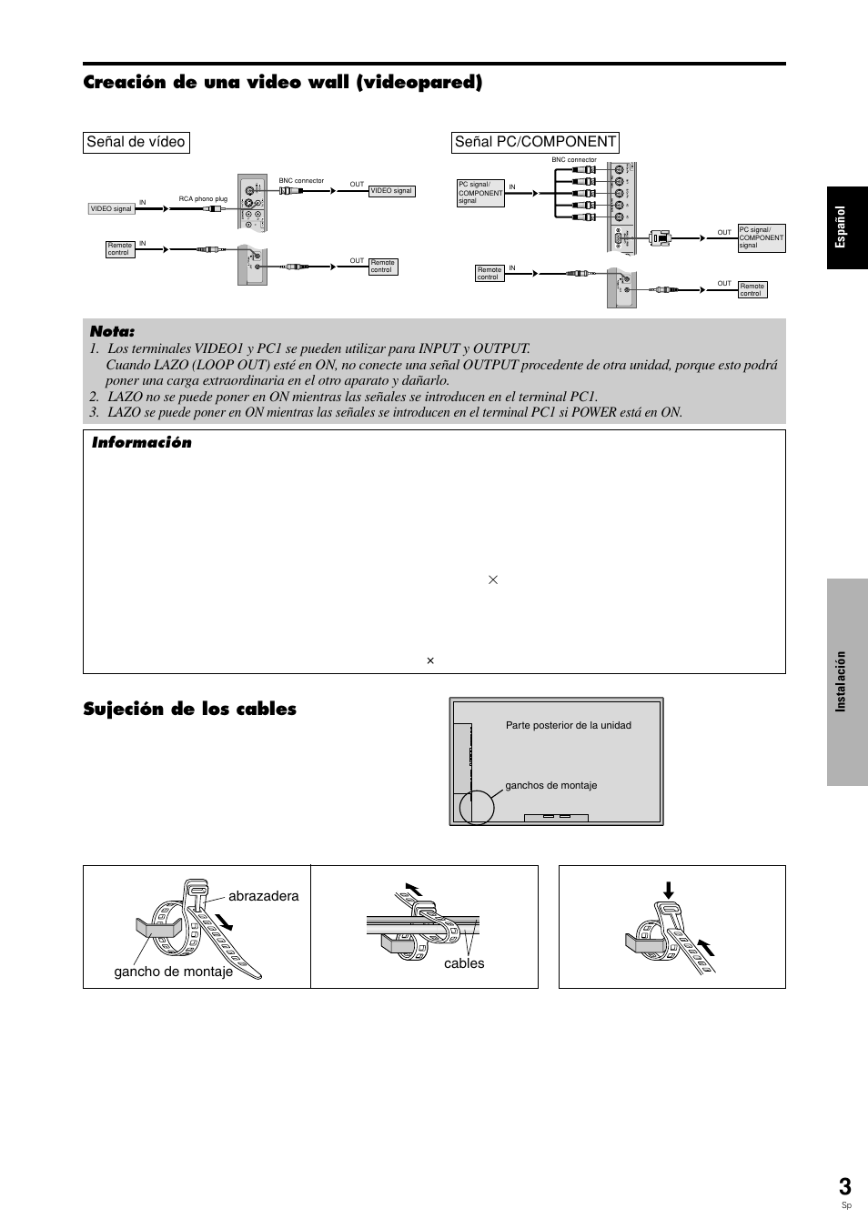 Creación de una video wall (videopared), Sujeción de los cables, Para colocar para desmontar 1. 2 | Pioneer PLASMA DISPLAY User Manual | Page 158 / 266