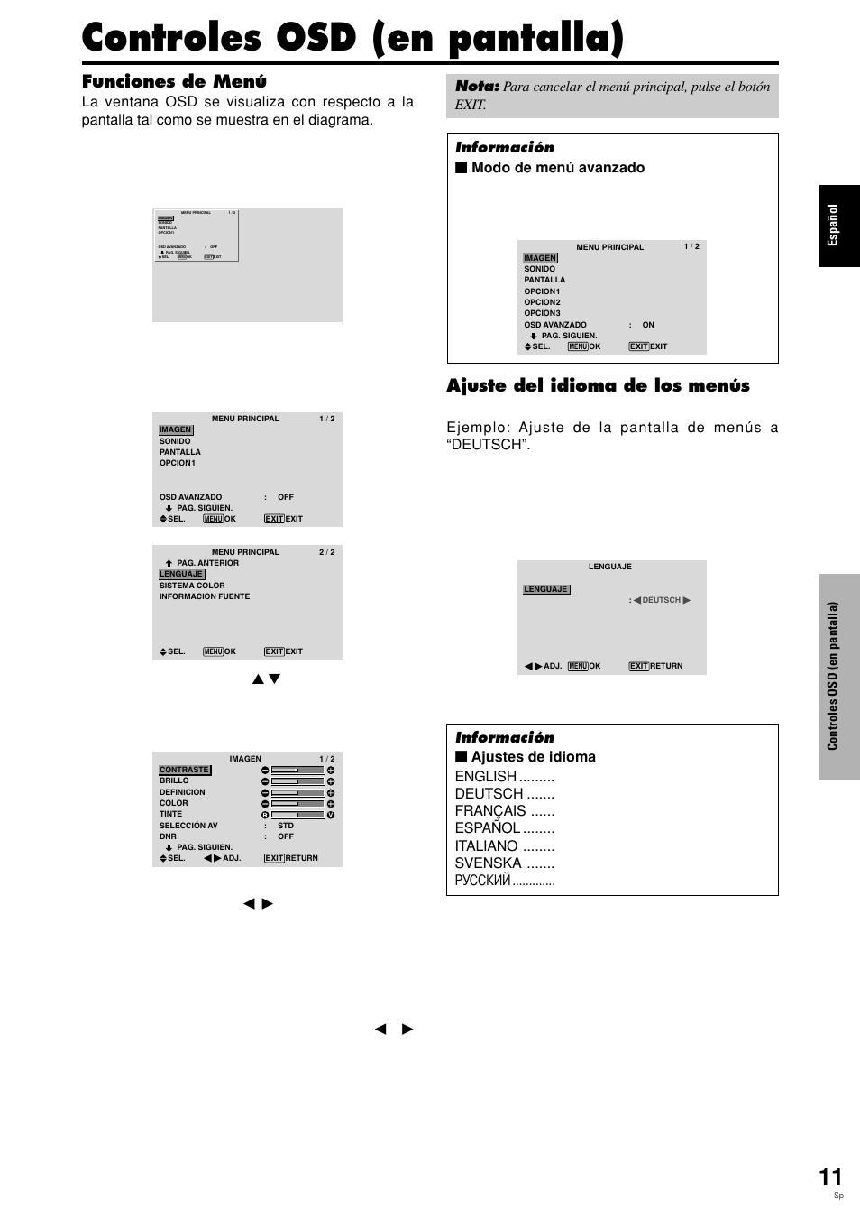 Controles osd (en pantalla), Funciones de menú, Ajuste del idioma de los menús | Espa ñ ol | Pioneer PLASMA DISPLAY User Manual | Page 166 / 266