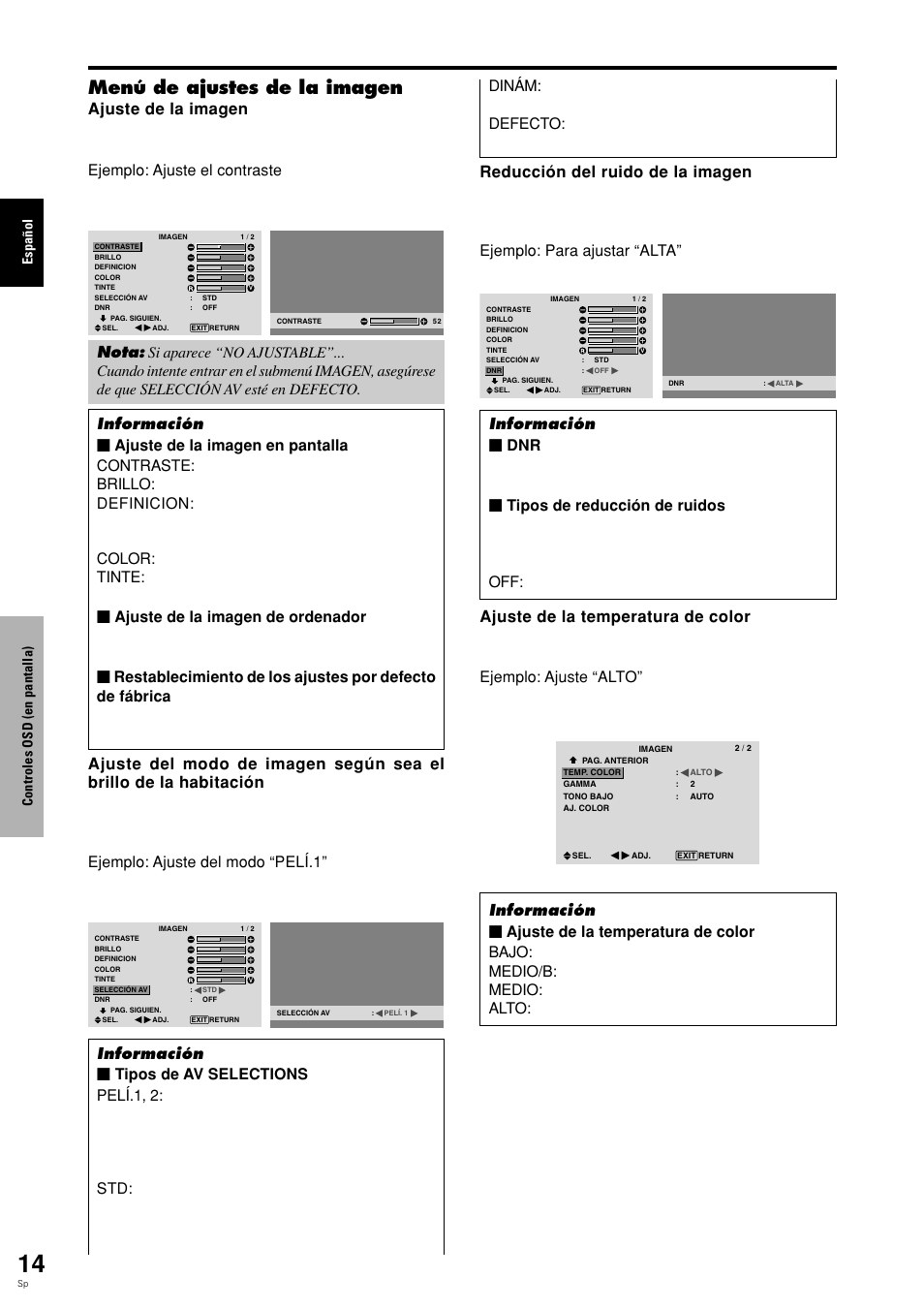 Menú de ajustes de la imagen, Espa ñ ol, Controles osd (en pantalla) | Pioneer PLASMA DISPLAY User Manual | Page 169 / 266