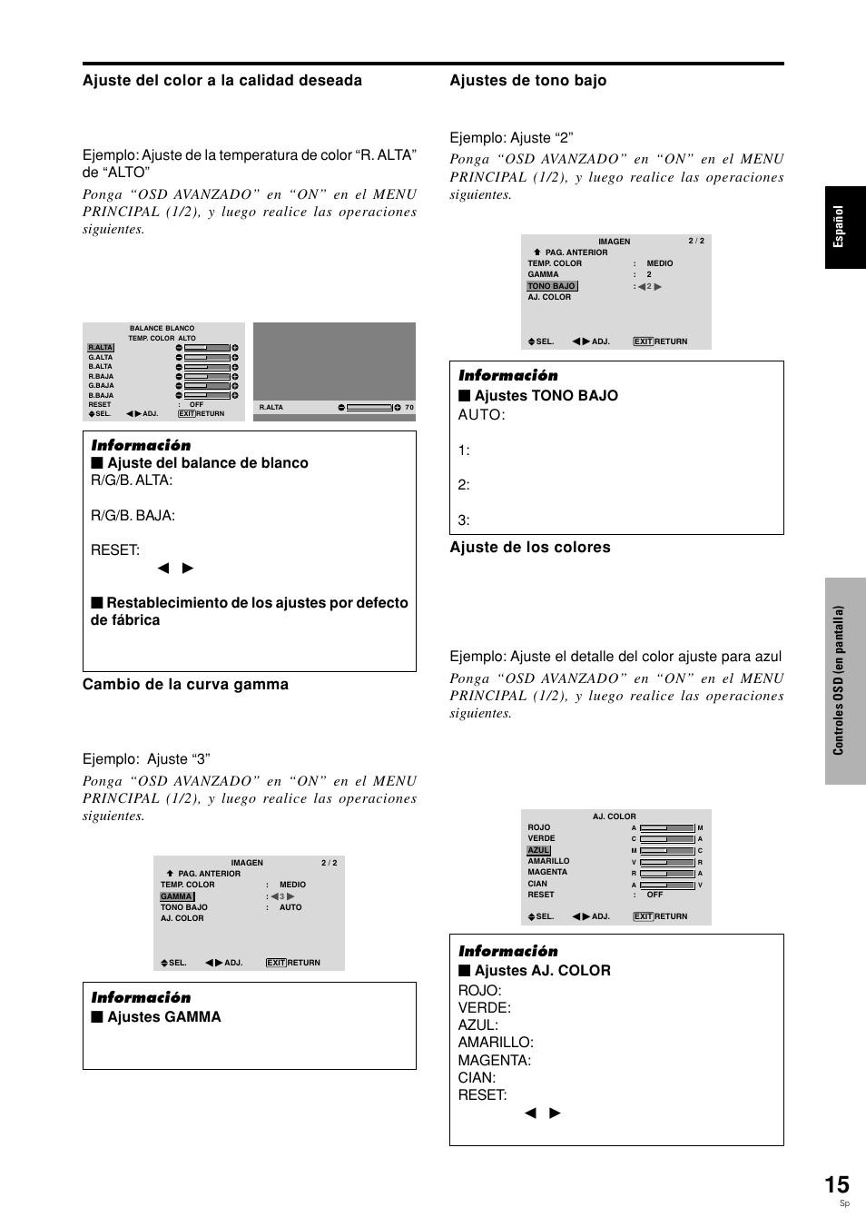 Espa ñ ol, Controles osd (en pantalla) | Pioneer PLASMA DISPLAY User Manual | Page 170 / 266