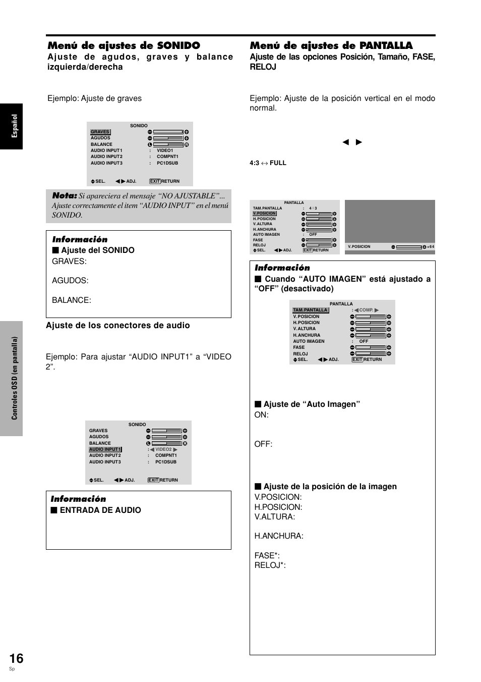 Menú de ajustes de sonido, Menú de ajustes de pantalla, El modo conmuta en el siguiente orden | Pioneer PLASMA DISPLAY User Manual | Page 171 / 266