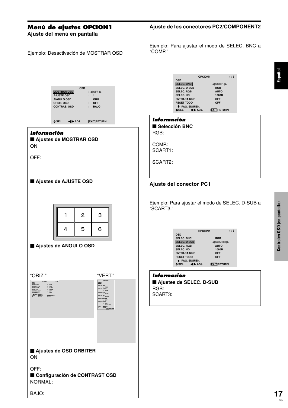 Menú de ajustes opcion1, Espa ñ ol, Controles osd (en pantalla) | Pioneer PLASMA DISPLAY User Manual | Page 172 / 266