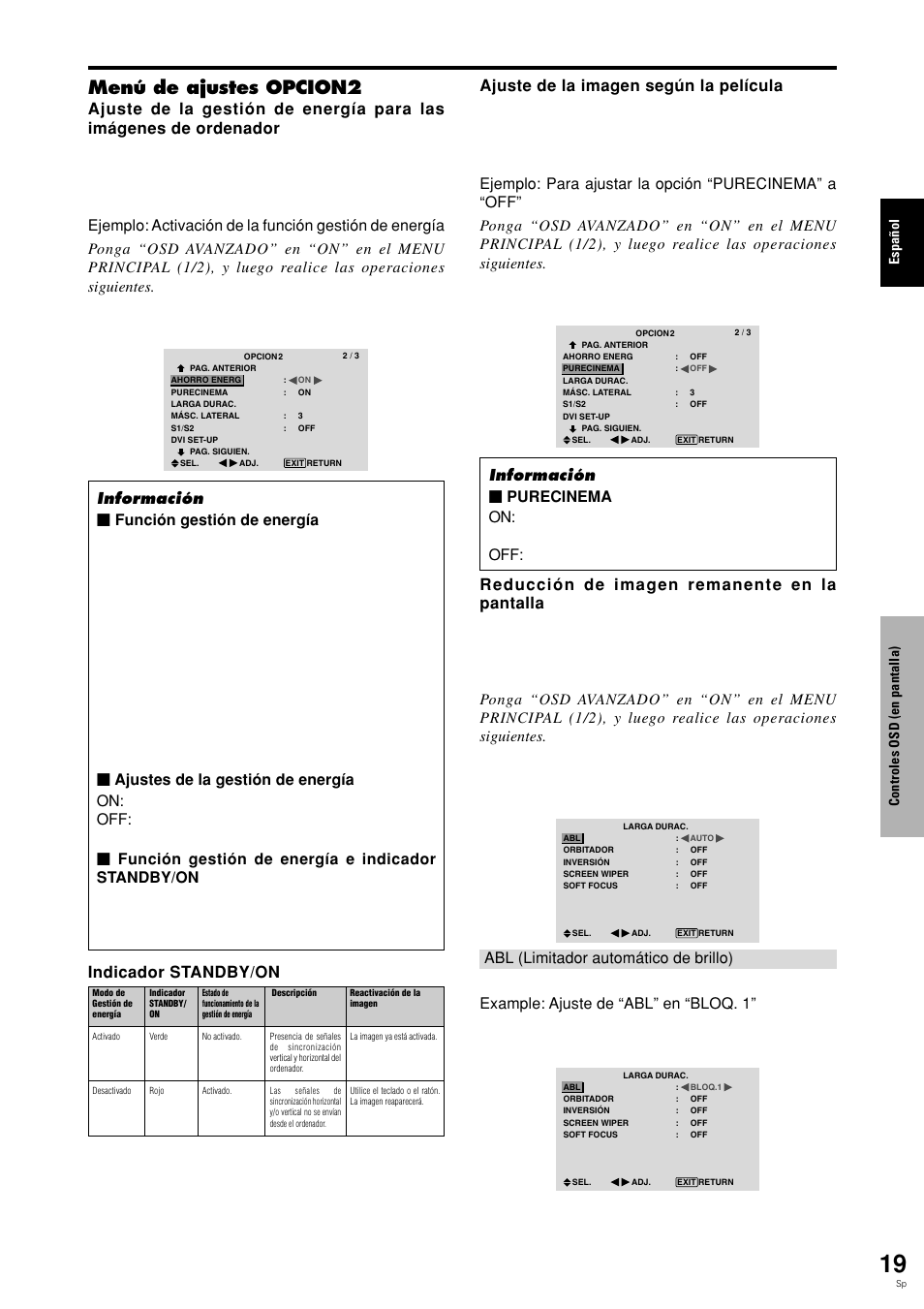 Menú de ajustes opcion2, Espa ñ ol, Controles osd (en pantalla) | Pioneer PLASMA DISPLAY User Manual | Page 174 / 266