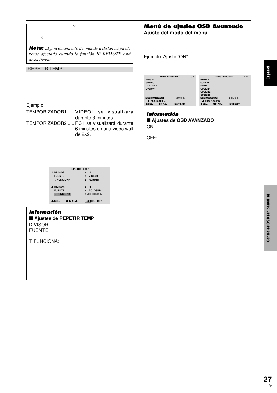 Menú de ajustes osd avanzado, Espa ñ ol, Controles osd (en pantalla) | Pioneer PLASMA DISPLAY User Manual | Page 182 / 266
