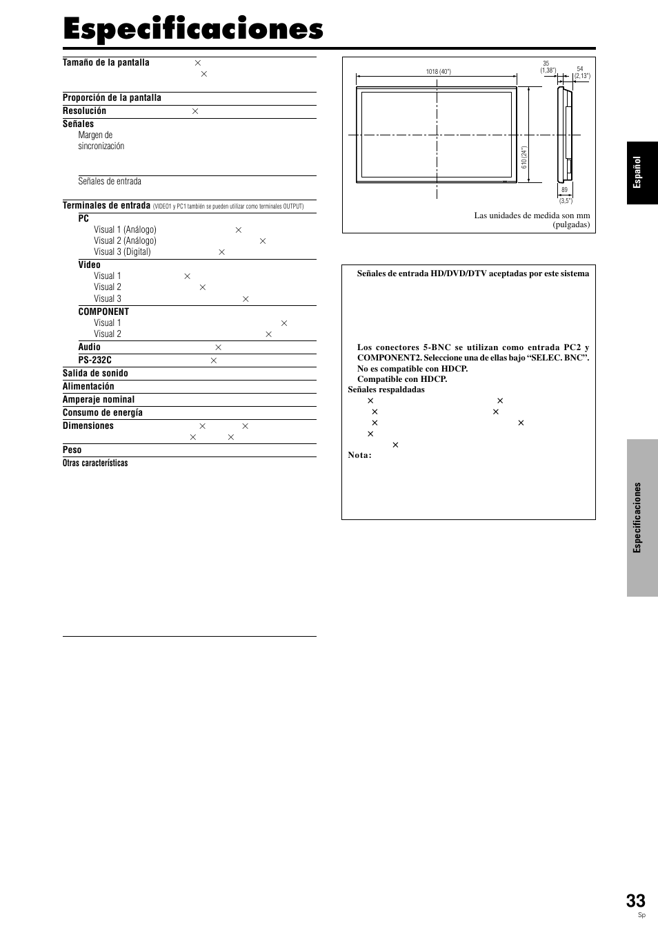 Especificaciones | Pioneer PLASMA DISPLAY User Manual | Page 188 / 266