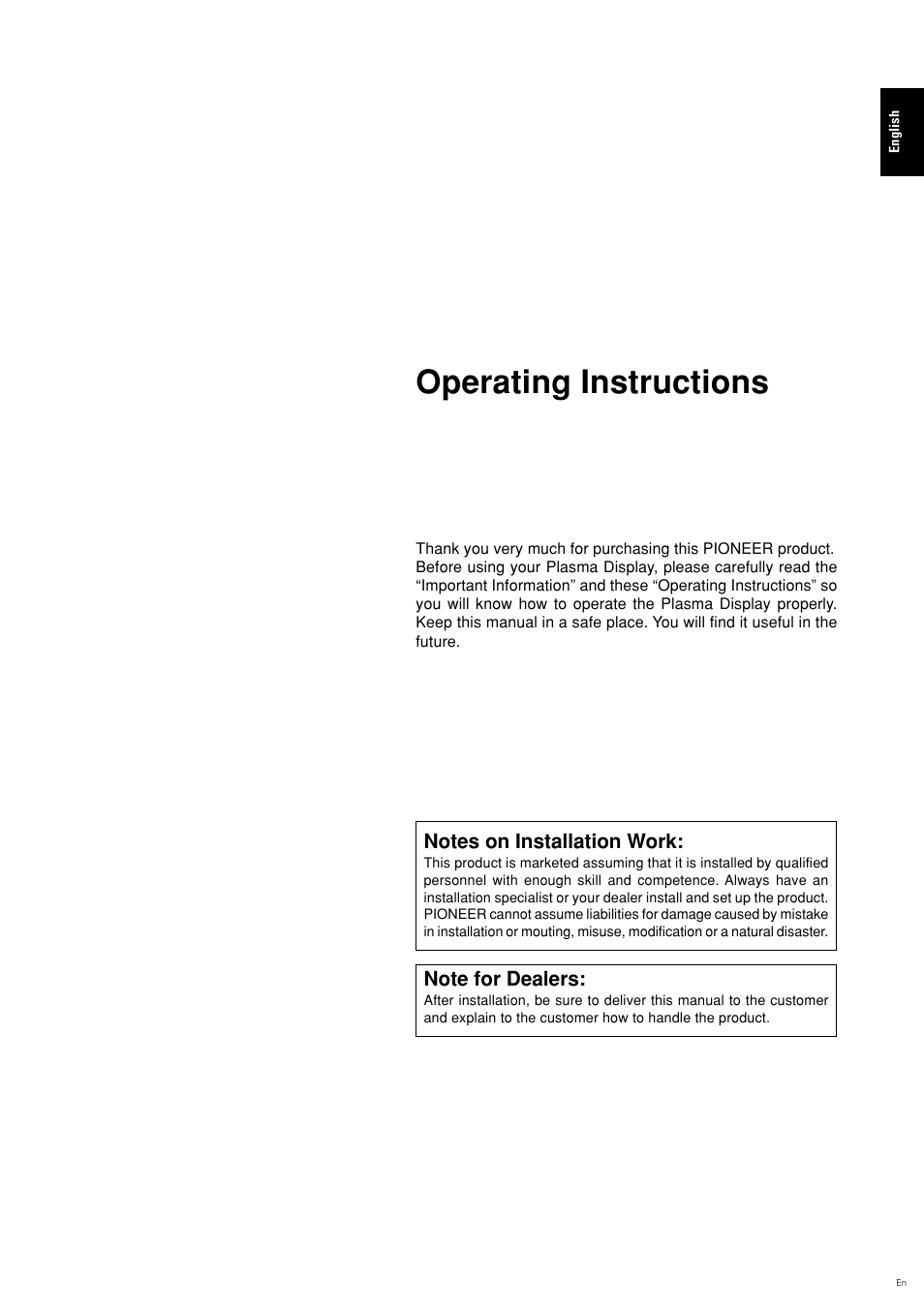 Operating instructions | Pioneer PLASMA DISPLAY User Manual | Page 2 / 266