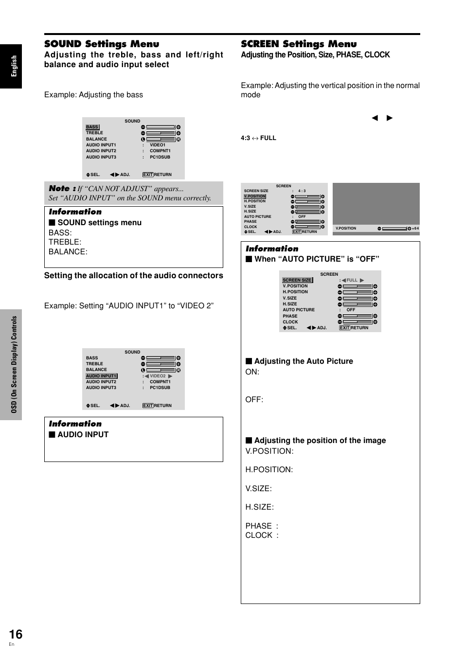 Sound settings menu, Screen settings menu, Button is pressed | Information Ⅵ when “auto picture” is “off | Pioneer PLASMA DISPLAY User Manual | Page 21 / 266