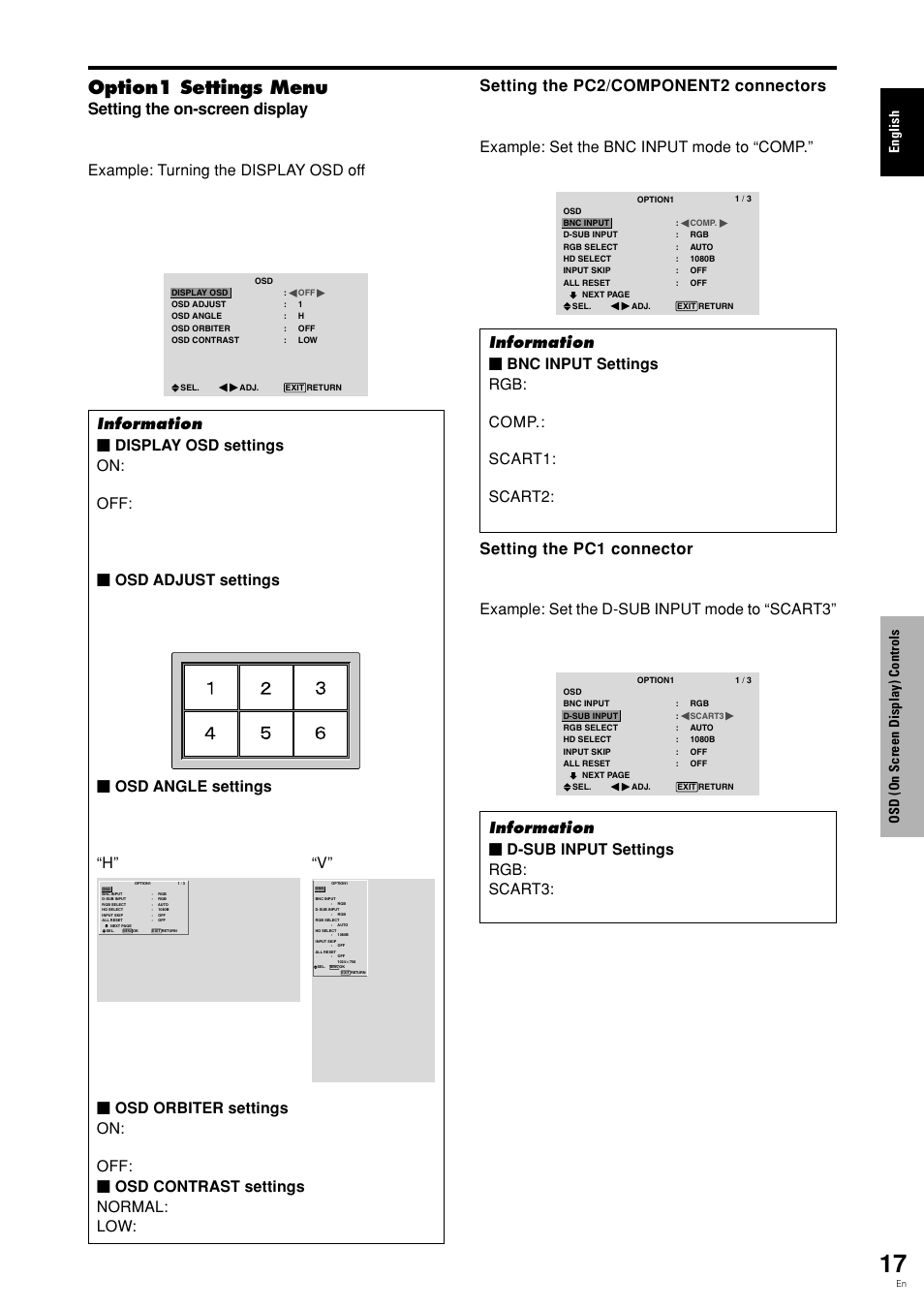 Option1 settings menu, English osd (on screen display) controls | Pioneer PLASMA DISPLAY User Manual | Page 22 / 266