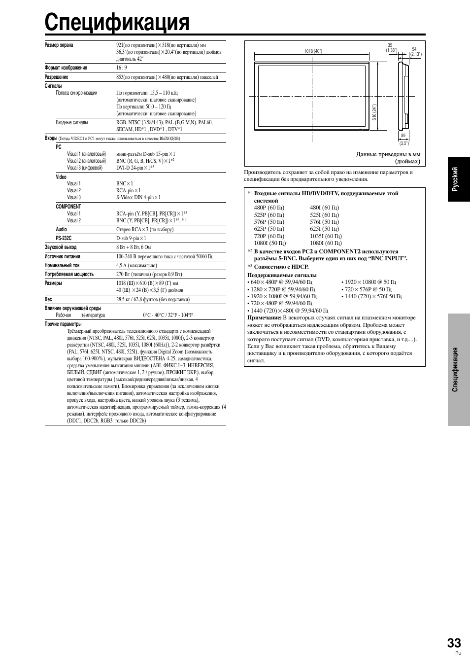 Пецификация | Pioneer PLASMA DISPLAY User Manual | Page 226 / 266