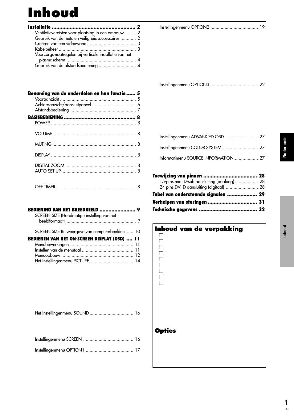 Inhoud, Inhoud van de verpakking, Opties | Pioneer PLASMA DISPLAY User Manual | Page 232 / 266