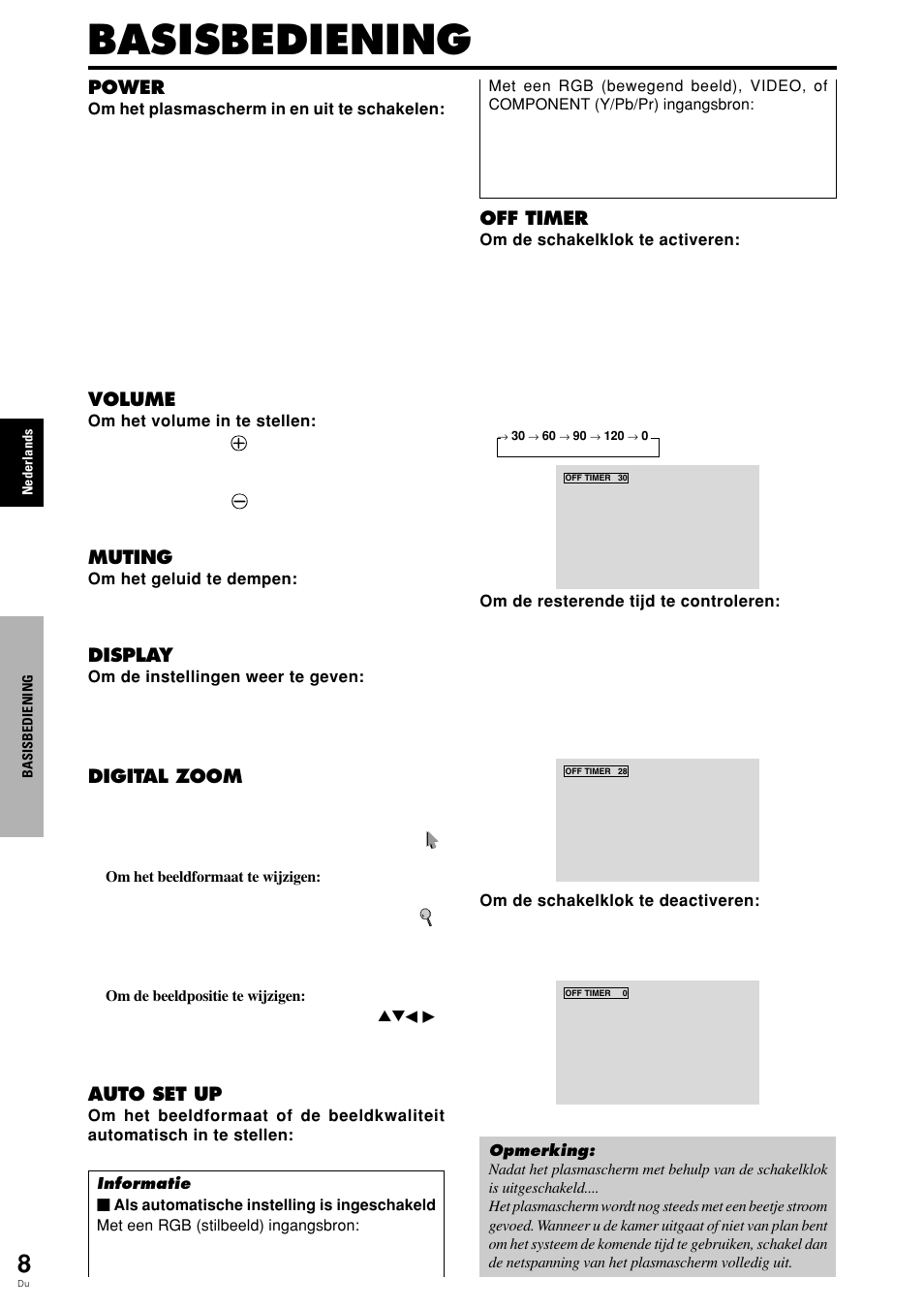 Basisbediening, Power, Volume | Muting, Display, Digital zoom, Auto set up, Off timer | Pioneer PLASMA DISPLAY User Manual | Page 239 / 266