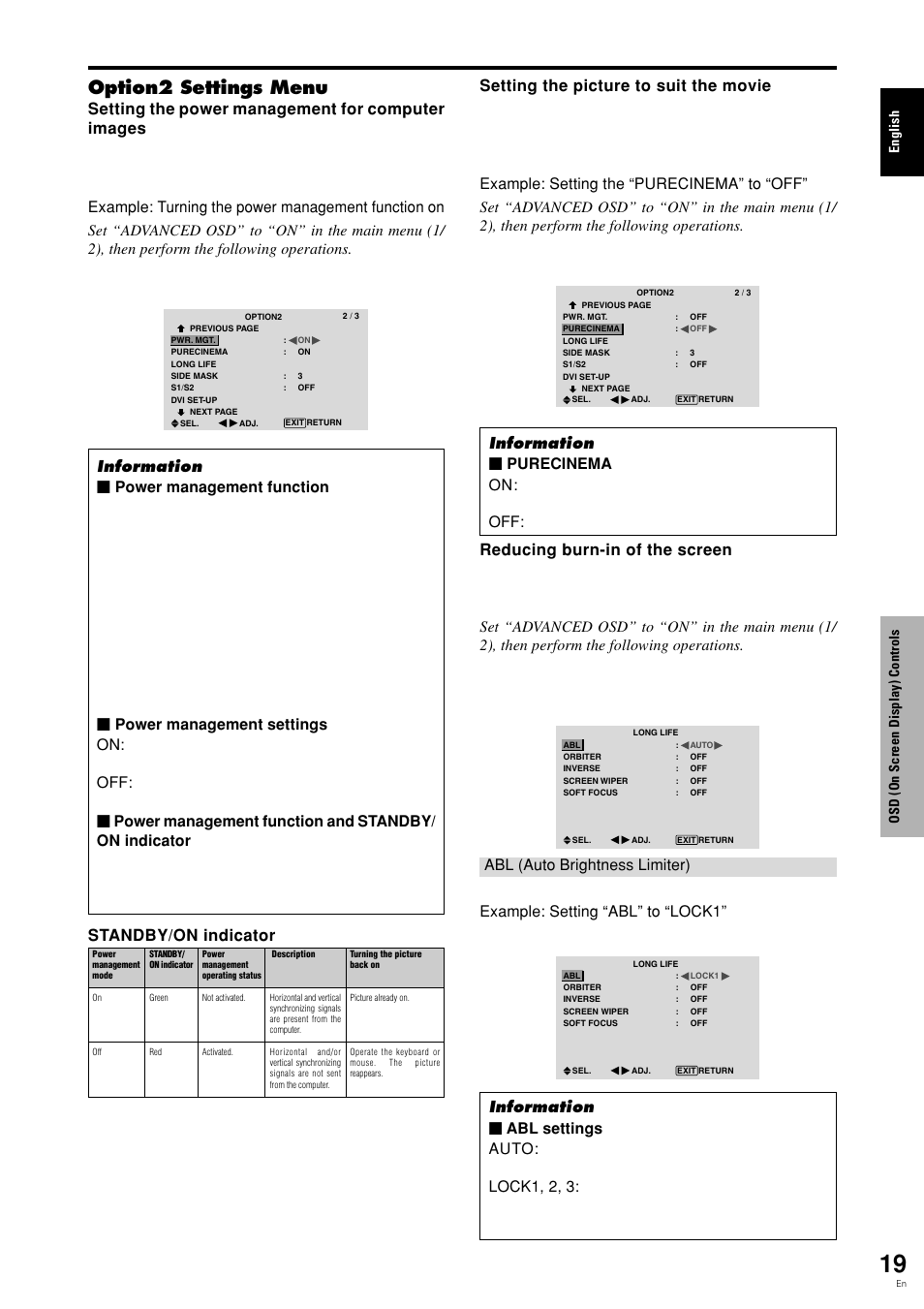 Option2 settings menu, English osd (on screen display) controls | Pioneer PLASMA DISPLAY User Manual | Page 24 / 266