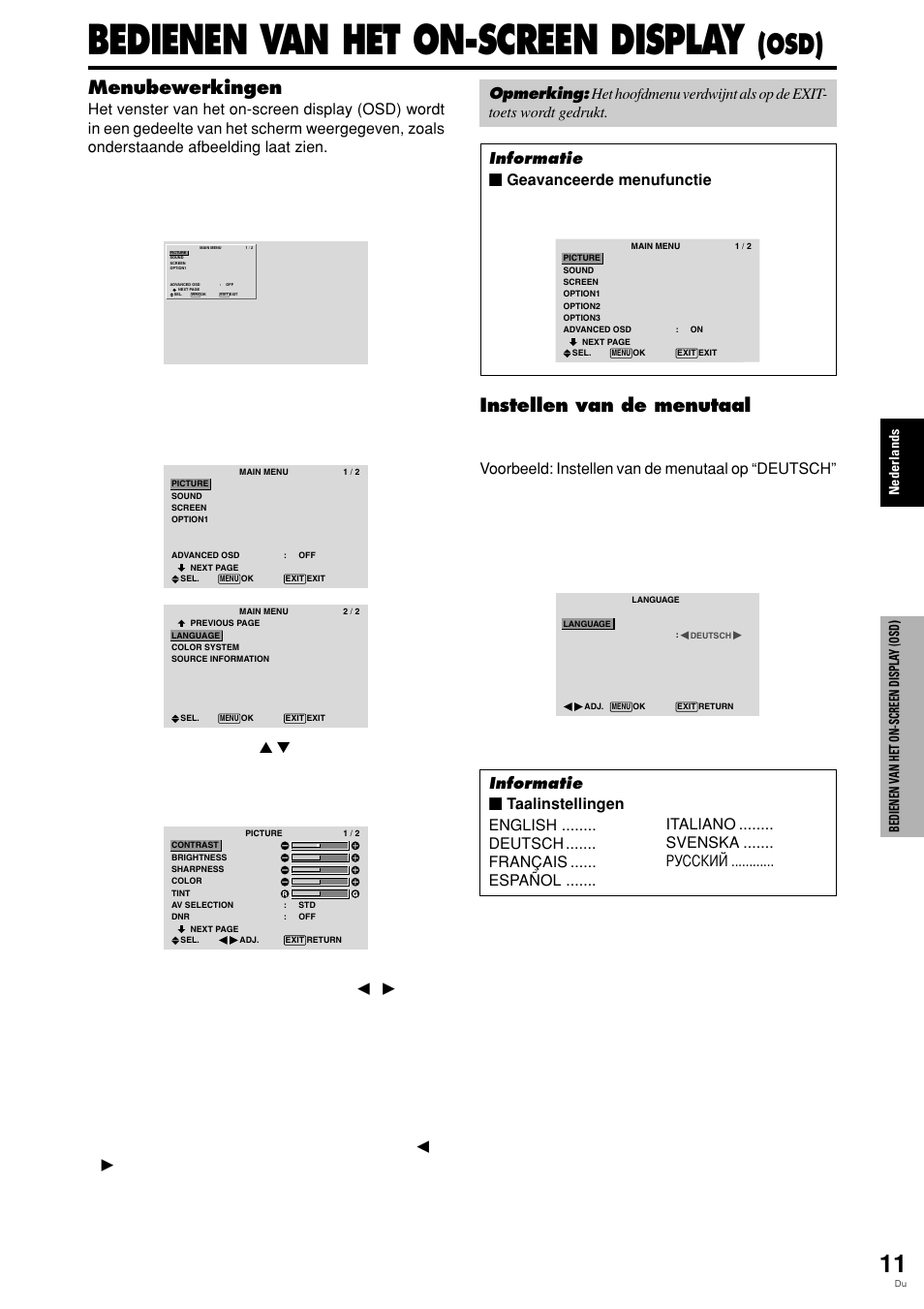 Bedienen van het on-screen display, Osd), Menubewerkingen | Instellen van de menutaal | Pioneer PLASMA DISPLAY User Manual | Page 242 / 266