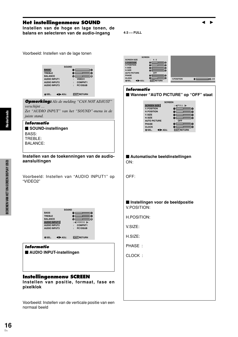 Het instellingenmenu sound, Instellingenmenu screen, Toets wordt gedrukt in onderstaande volgorde | Informatie Ⅵ wanneer “auto picture” op “off” staat | Pioneer PLASMA DISPLAY User Manual | Page 247 / 266