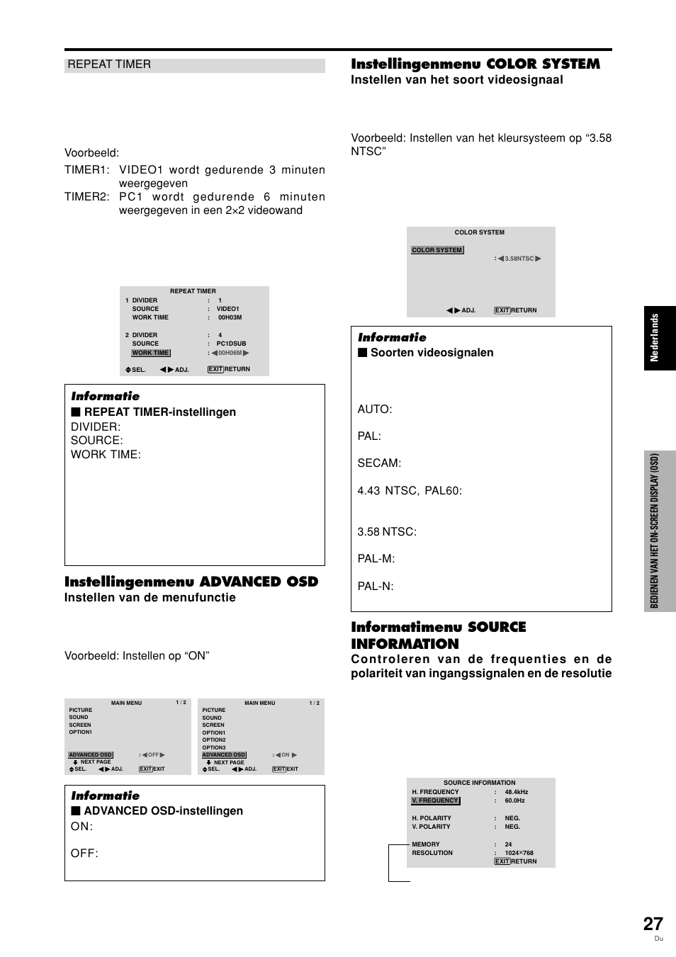Instellingenmenu advanced osd, Instellingenmenu color system, Informatimenu source information | Pioneer PLASMA DISPLAY User Manual | Page 258 / 266
