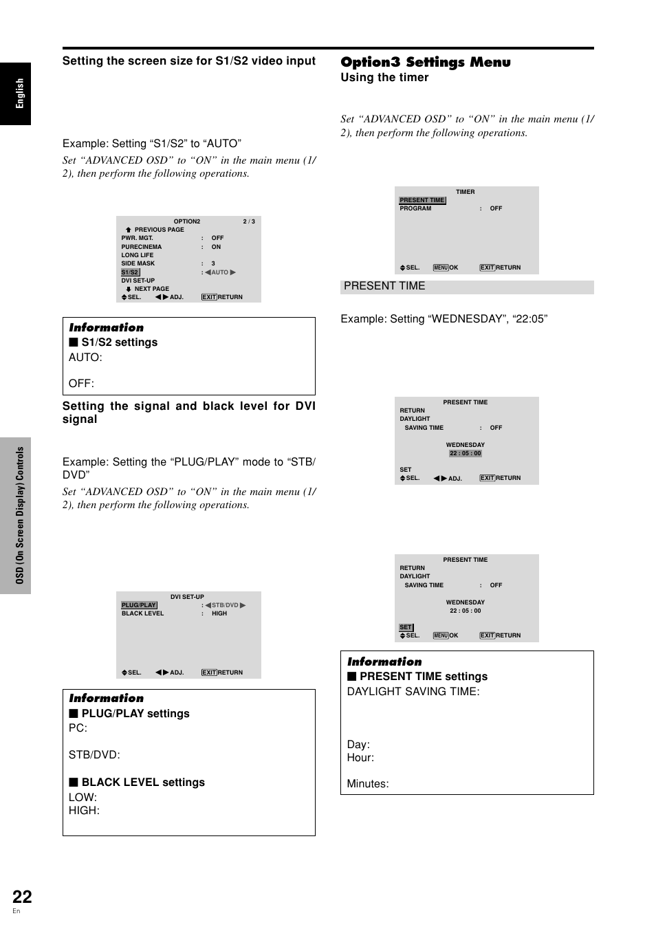 Option3 settings menu, English osd (on screen display) controls | Pioneer PLASMA DISPLAY User Manual | Page 27 / 266