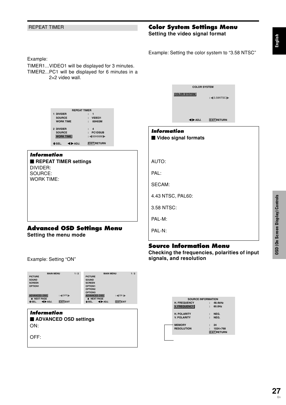 Advanced osd settings menu, Color system settings menu, Source information menu | English osd (on screen display) controls | Pioneer PLASMA DISPLAY User Manual | Page 32 / 266