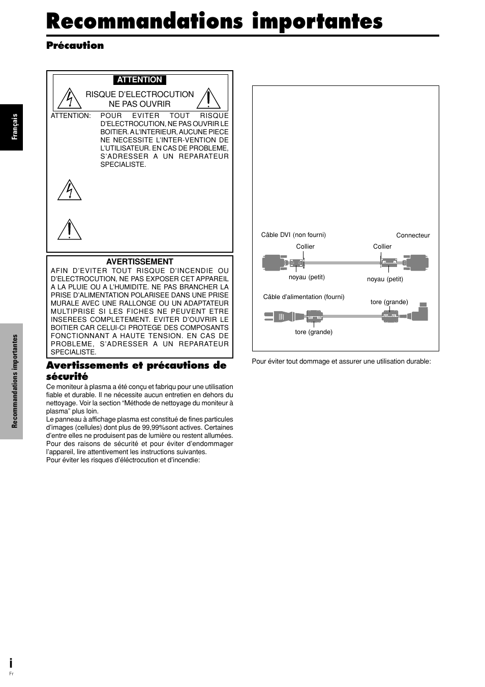 Recommandations importantes, Précaution, Avertissements et précautions de sécurité | Pioneer PLASMA DISPLAY User Manual | Page 39 / 266